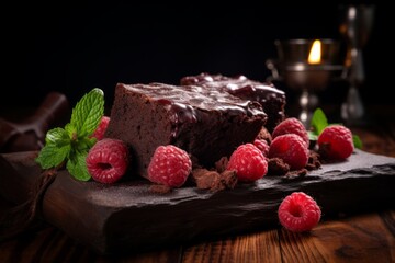 Wooden board with raspberry chocolate brownie cake