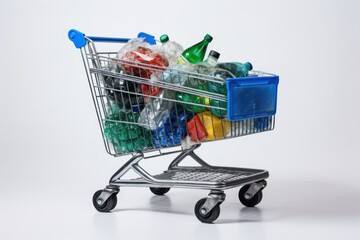 Fototapeta premium a supermarket cart full of plastic bottles and plastic garbage on white background