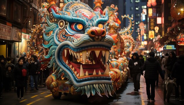 Colorful float of chinese mythological character in chinese new year street procession