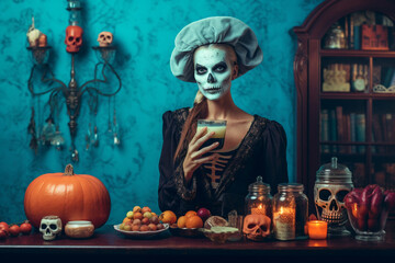 Beautiful Mature Lady Transforms into Witch in Halloween Costume Against a Blue Background, AI generated