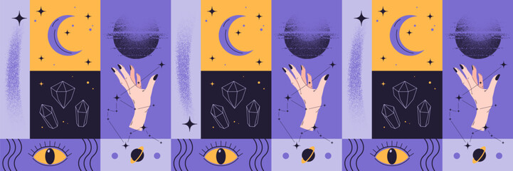 Naklejka premium Astrological pattern. Cosmic elements, planets, comets and stars. Constellation of Aquarius.