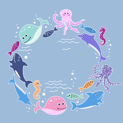 Frame with swimming fish, whales, sharks, octopuses and seahorses.
