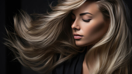 Naklejka premium Woman with soft, wavy hair captured in a close-up portrait with a blurred background.