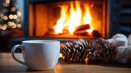 A cup with hot tea on the background of a blurry decorated Christmas tree and fireplace