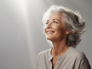 Beautiful gray-haired senior woman with happy smile looking up on a light grey background