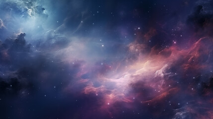 Magical Universe background, purple and blue space panorama filled with stars, stardust, nebula and...