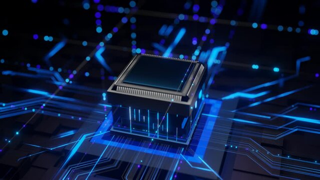 Digital Pulses Propagate: Futuristic Microprocessor Activates on Motherboard.
