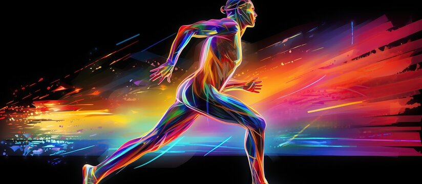 Colorful holographic human runner sport on dark background. AI generated image