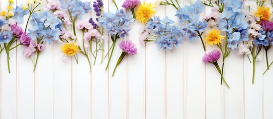 Beautiful flower bouquet on the white wooden background. AI generated image
