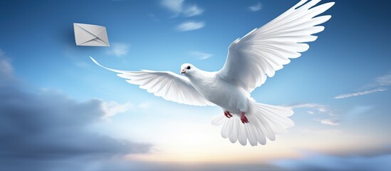 White Dove flying free on beautiful sunset view. AI generated image