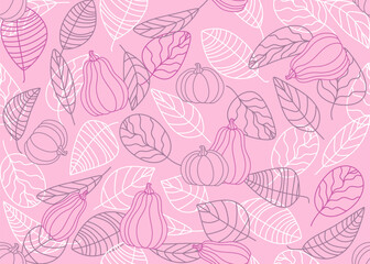 Seamless pattern pink of autumn leaves and pumpkins.