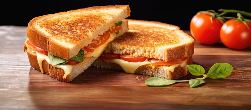 A healthy breakfast meal consists of a grilled cheese sandwich made with whole wheat bread cheddar cheese and sliced tomatoes providing a nourishing combination of food for the table