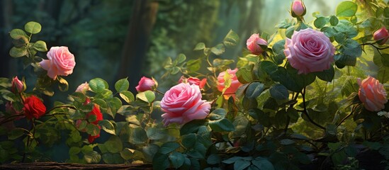 In the picturesque landscape of a summer garden the vibrant green leaves and colorful floral arrangements create a stunning background for the graceful rose showcasing the beauty of nature s - obrazy, fototapety, plakaty