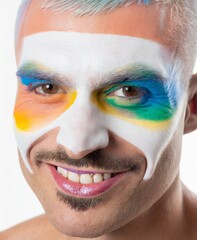Man with rainbow makeup on his face, isolated on white background