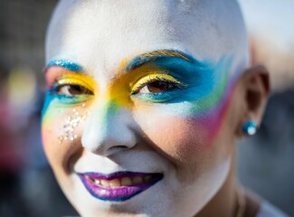 Gay woman with rainbow makeup face closeup