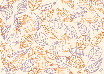 Seamless pattern of autumn leaves and pumpkins.