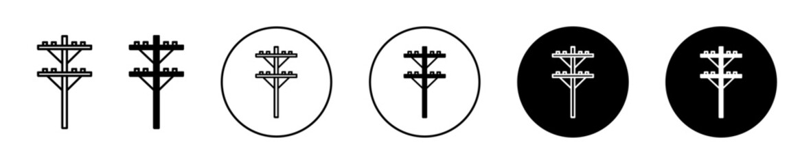 power pole icon set. electricity electric tower vector symbol. electrical powerline sign in black filled and outlined style.