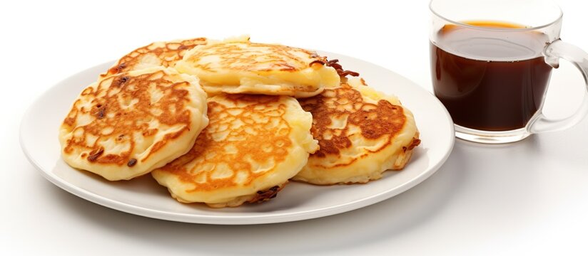 Delicious cheese pancakes with cup of coffee white background. AI generated image
