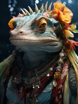 A lizard wearing a necklace and tassels in the water