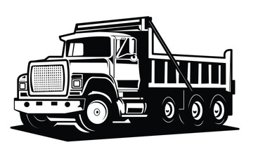 A vector illustration of a dump truck on a black and white background, featuring the silhouette of a dump truck, and an isolated white truck. - obrazy, fototapety, plakaty