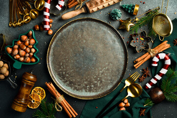 Christmas composition of tray for holiday homemade dish on brown cozy home table with natural...