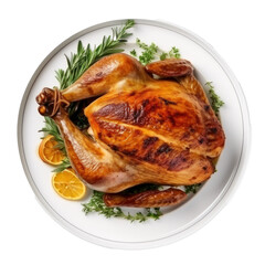 Holiday chicken with orange and rosemary on white dish, isolated on white background. 