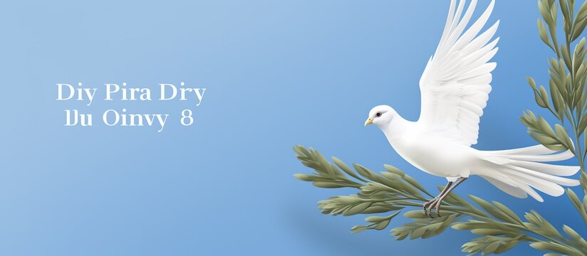 White dove flying with leaf on blue sky, copy space background. AI generated image