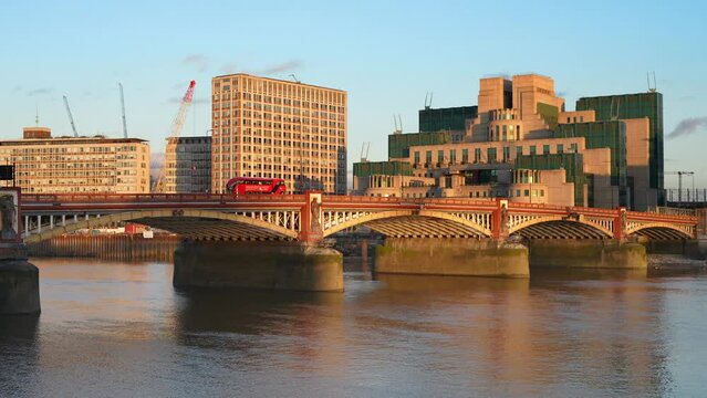 MI6 Headquarters in London, England.
The headquarters building of the UK Secret Intelligence Service, known as MI6. Also shown is Vauxhall Bridge.