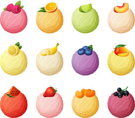 Set of fruit flavors ice-cream scoops vector icons isolated on white background, cartoon illustrations of ice cream balls collection, strawberry raspberry banana, orange peach lemon, blueberry