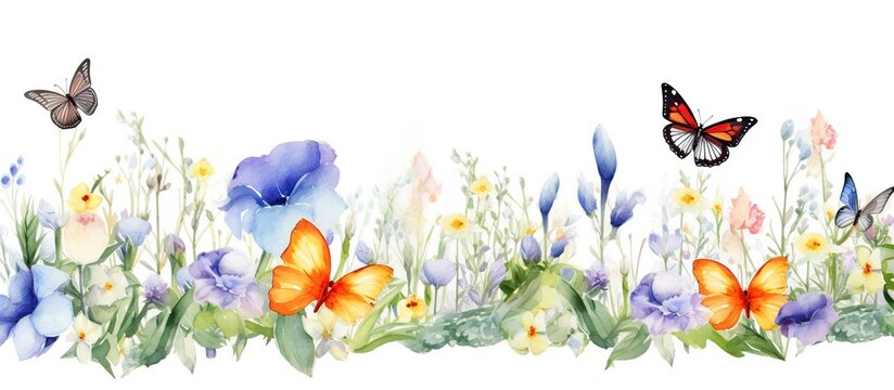 Watercolor flowers with butterfly on white background. AI generated image