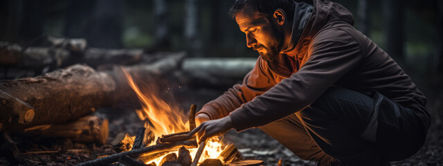 A bearded man sits by a campfire in a forested area, using his smartphone, with a tent behind him and a thermos bottle beside him. - obrazy, fototapety, plakaty