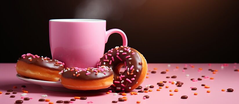 A cup of Coffee with tasty donuts snack. AI generated image
