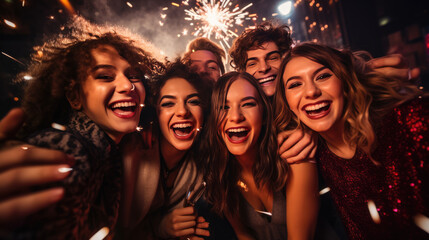 Obraz na płótnie Canvas A joyful group of friends gather closely for a selfie, laughing and smiling against a backdrop of dazzling fireworks in an urban setting at night.