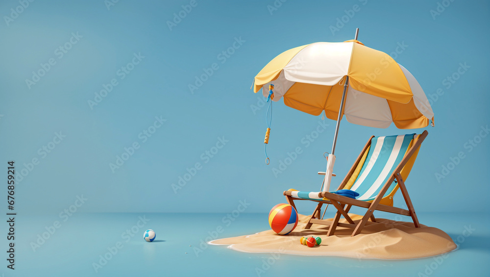 Wall mural 3D Vector Beach Scene with Lounge Chair, Yellow Umbrella, and Playful Ball,  Summer Holiday Bliss