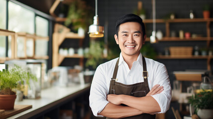 Proud Asian Small Business Owner Launching Shop on Sunny Day