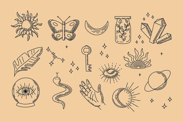 Set of vector linear mystical elements. Linear contour mystery drawings. Doodle collection in flat outline style. good for stickers, pattern, background - obrazy, fototapety, plakaty