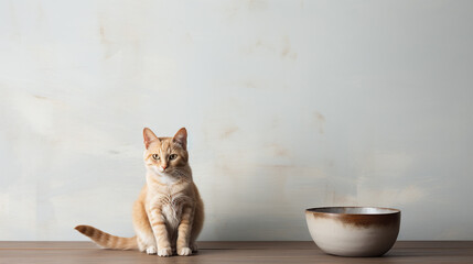 hungry cat  beside a empty bowl sit on the ground
