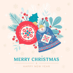 Greeting card on a beige background with Christmas tree toys and branches, berries, leaves and snowflakes for the holiday Christmas and New Year. Flat style. Vector illustration.