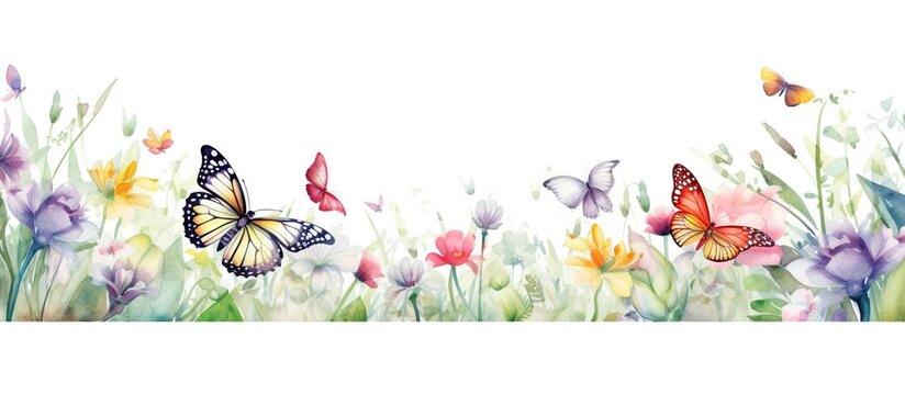 Watercolor flowers with butterfly on white background. AI generated image