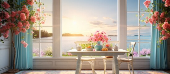 In a quaint retro house the sun filters through the white floral curtains filling the room with warm light as a vase of vibrant summer flowers brings nature s beauty to the table against a 