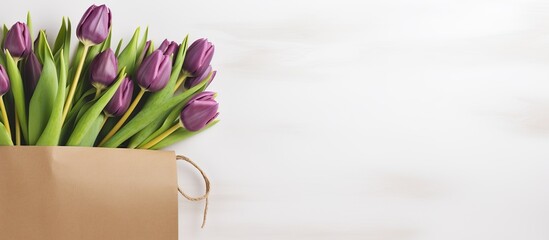 Fresh bouquet purple tulips in brown paper isolated white background. AI generated image