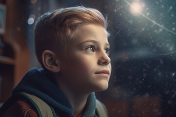 Happy schoolboy at school astronomy lesson dream, AI generated