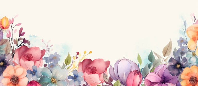 Watercolor flowers copy space on white background. AI generated image