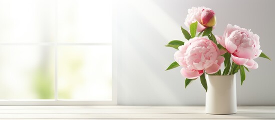 Vase with pink peony flowers in living room decoration. AI generated image