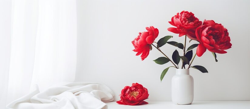 Vase with red peony flowers in living room decoration. AI generated image