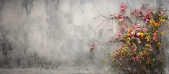 Flowers life on a concrete grey wall. AI generated image - obrazy, fototapety, plakaty
