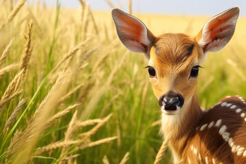 cute little fawn hide in a grain field endangered by mowing machines