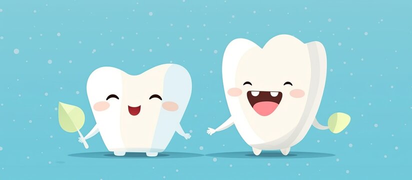 3D rendering group of happy cute tooth character on blue background. AI generated image