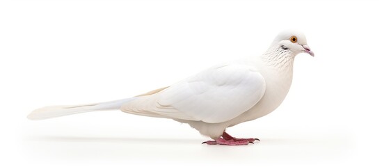 A white dove looking for food in the white background. AI generated image