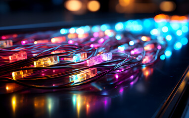 Fototapeta premium Colorfull electric cables and led dark background